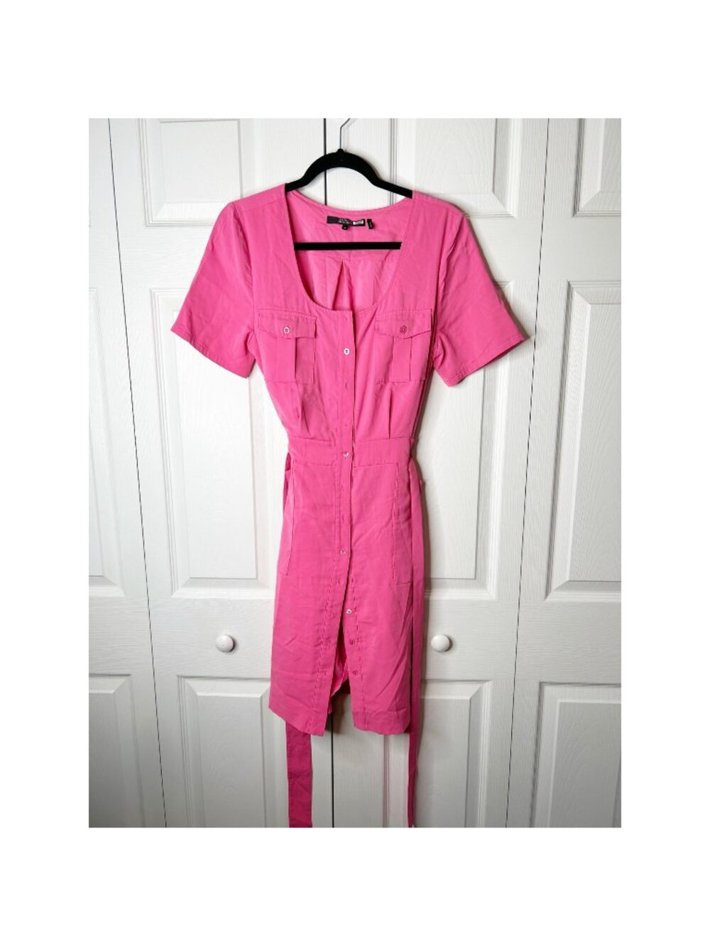 Badgley Mischka Hot Pink Button Front Short Sleeve Mini Dress Women's Size 10